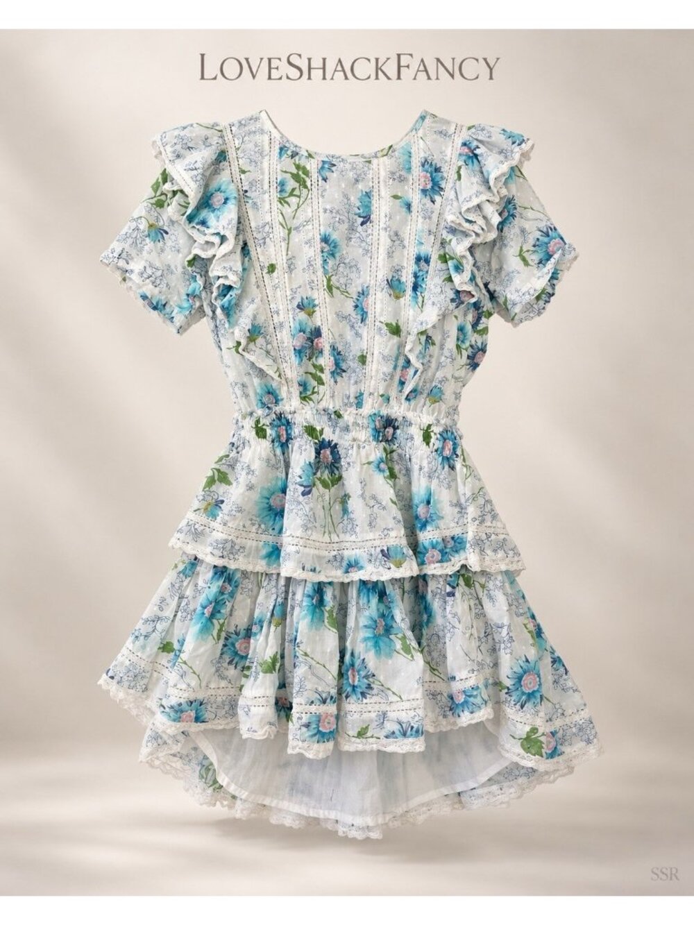 LoveShackFancy Natasha Dress XS Blue Floral Ruffle Lace Trim Mini Dress Romantic